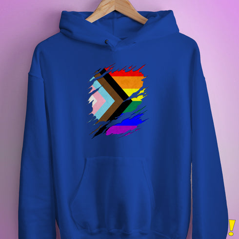 LGBTQ Progress Pride Flag Ripped Reveal Hoodie - Royal Blue